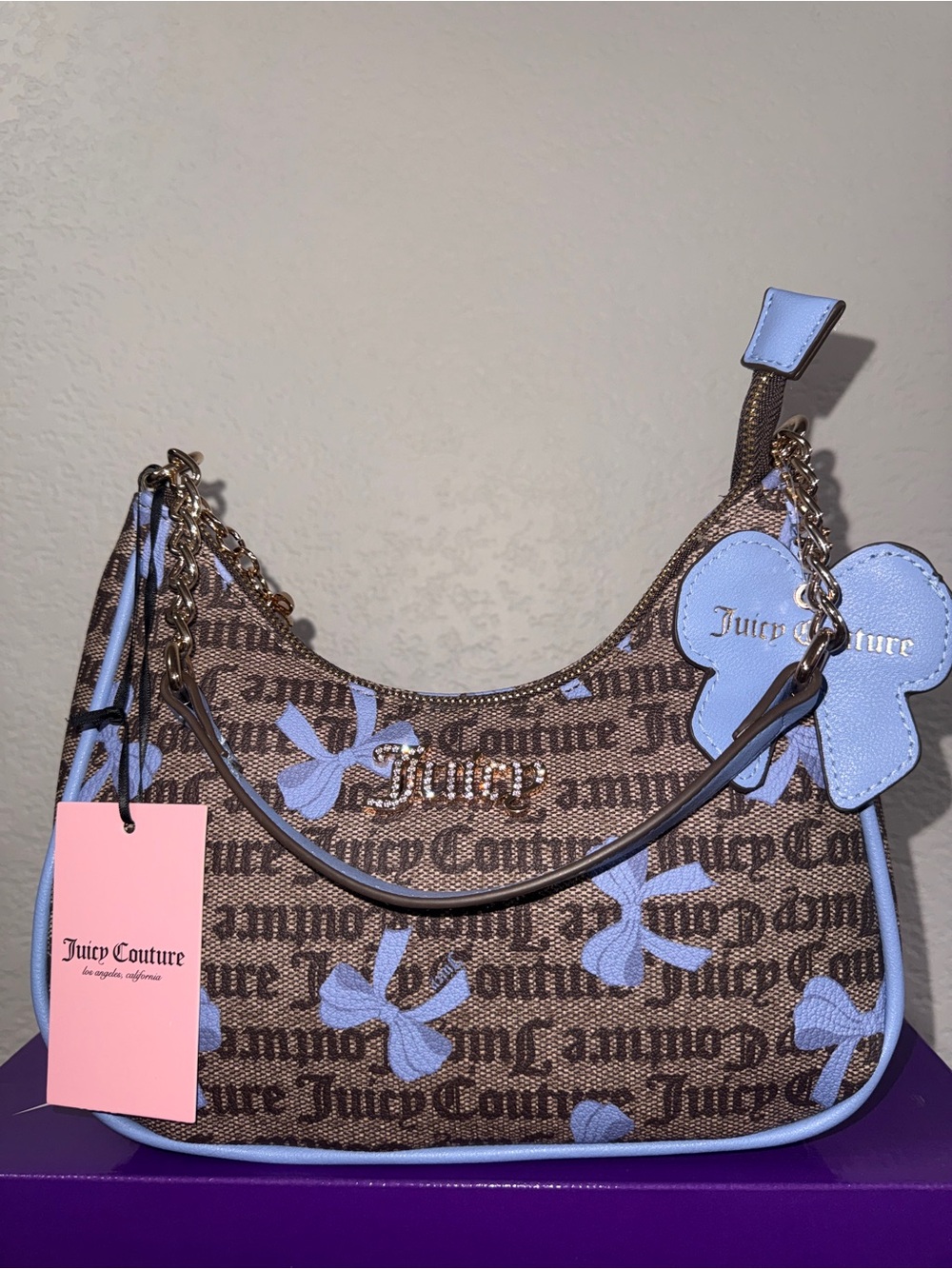 Juicy Couture Brown & Light Blue Logo Bow Shoulder Bag - Picture 3 of 8